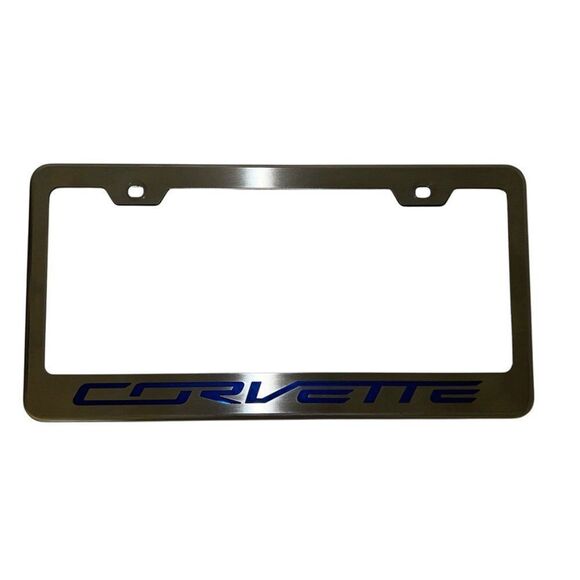 American Car Blue Carbon Fiber Stainless Steel Rear Tag Frame * Corvette Script* - Picture 3 of 3